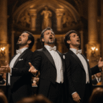 Three male opra singers sing in opera auditorium